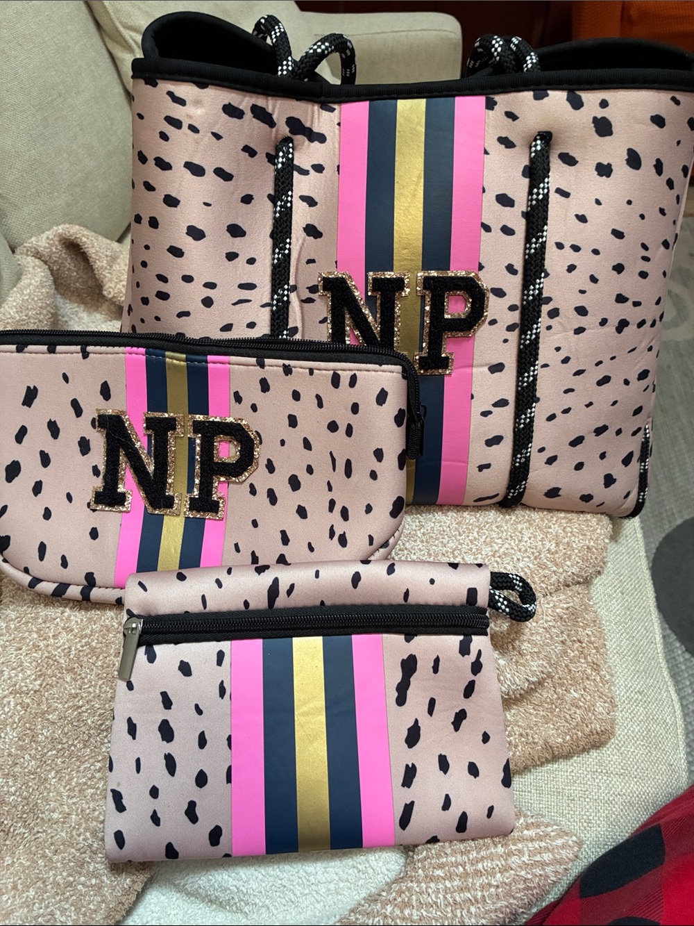 Blush Pink Neoprene Tote with Gold & Hot Pink Stripe - Monogram Accent